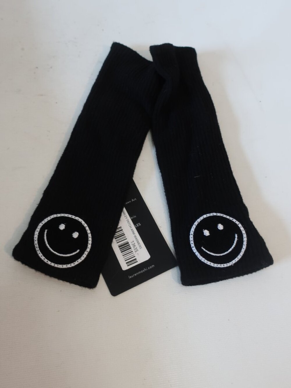 NWT Lauren Moshi Black Meliani Smiley Patch (Item-3) Ribbed Fingerless Gloves OS